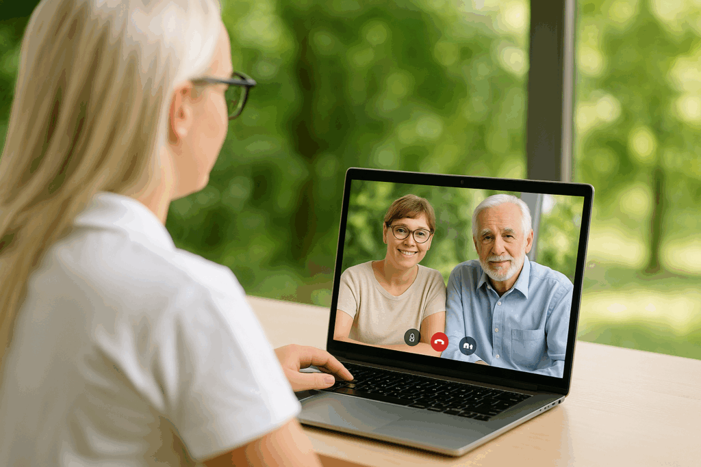 Pflegeberaterin im Videogespräch mit Senior und Angehöriger – digitale Pflegeberatung und Unterstützung per Online-Videochat