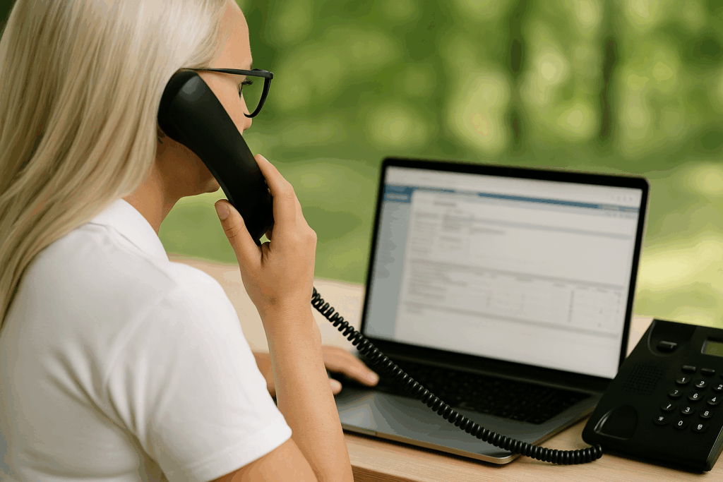 Eine Frau mit platinblonden Haaren und Brille sitzt an einem Holztisch, hält einen schwarzen Telefonhörer ans Ohr und schaut auf ihren Laptop. Auf dem Bildschirm ist eine Pflegesoftware mit Tabellen und Formularfeldern zu sehen. Neben dem Laptop steht das angeschlossene Tischtelefon. Im Hintergrund sind unscharf grüne Bäume zu erkennen.